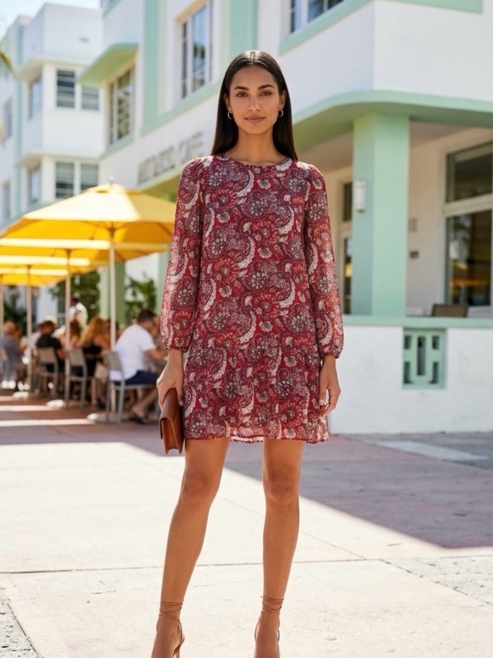LOFT Red Paisley Long-Sleeve Shift Dress